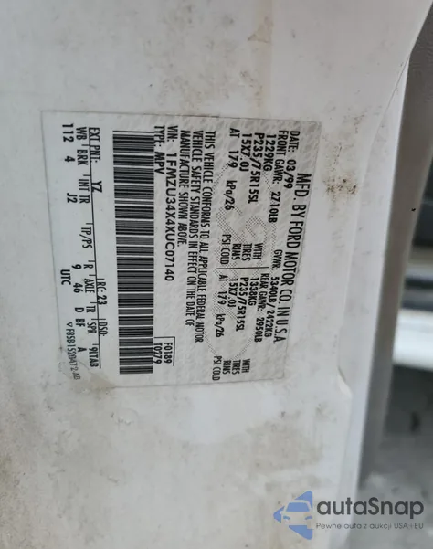 1999 Ford Explorer z USA, uszkodzony, nr VIN 1FMZU34X4XUC07140